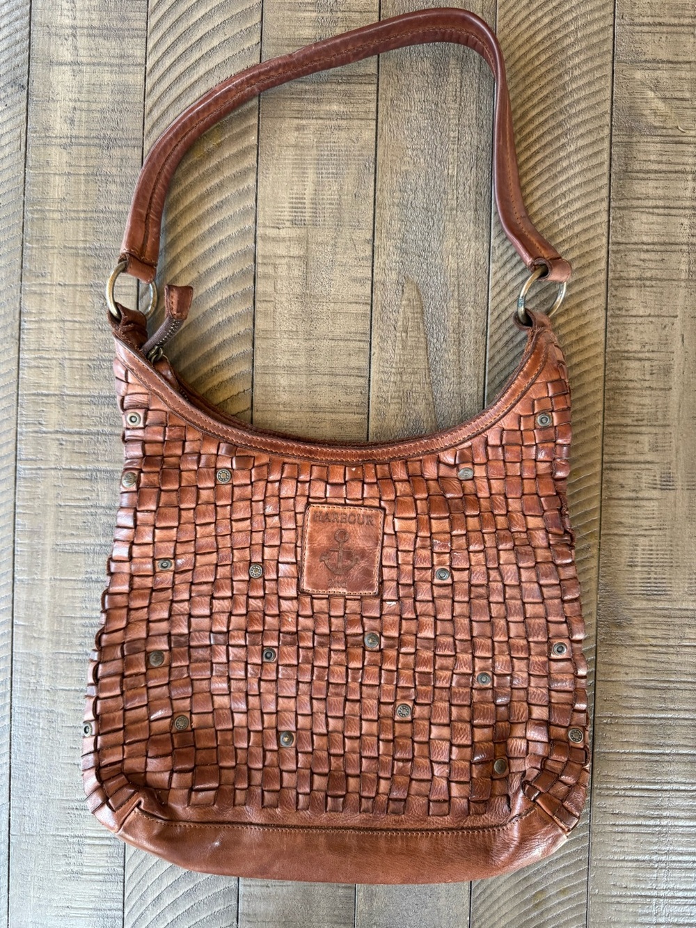 Harbour 2nd Tuula Woven Leather Riveted Distressed Hobo Shoulder Bag Purse - Picture 7 of 13